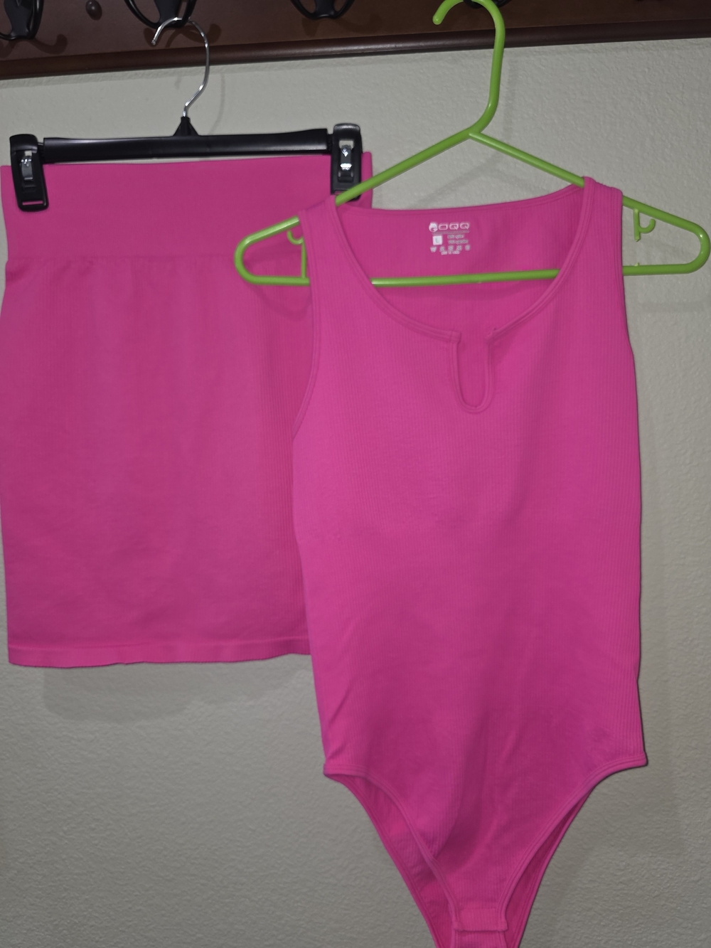 Neon Pink Ribbed Tank Bodysuit & Skirt Set